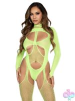 2 Piece Fishnet Halter Suspender Lingerie Jumpsuit and Layered Opaque Cut Out Teddy