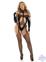 2 Piece Fishnet Halter Suspender Lingerie Jumpsuit and Layered Opaque Cut Out Teddy
