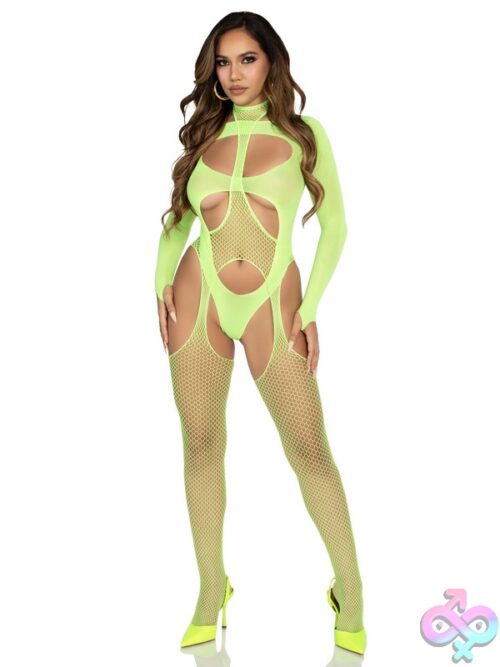 2 Piece Fishnet Halter Suspender Lingerie Jumpsuit And Layered Opaque Cut Out Teddy