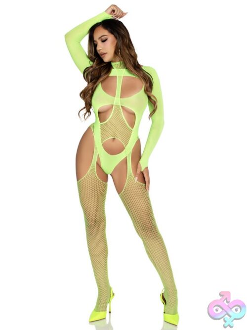 2 Piece Fishnet Halter Suspender Lingerie Jumpsuit And Layered Opaque Cut Out Teddy