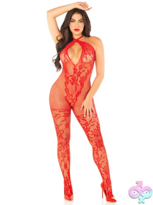 Seamless Net And Lace Lingerie Jumpsuit Keyhole Crossover Halter