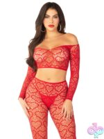 Heart net off the shoulder crop top and footless tights by Leg Avenue — sheer heart-pattern two-piece lingerie set