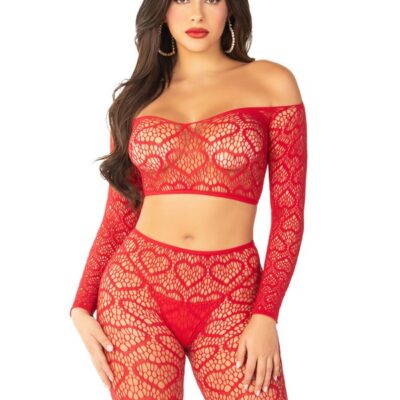 Heart net off the shoulder crop top and footless tights by Leg Avenue — sheer heart-pattern two-piece lingerie set