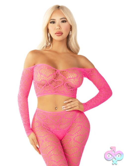 2 Piece Heart Net Off The Shoulder Crop Top And Footless Tights