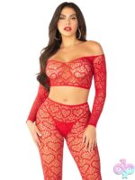 2 Piece Heart Net Off the Shoulder Crop Top and Footless Tights