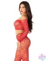 2 Piece Heart Net Off the Shoulder Crop Top and Footless Tights