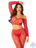 2 Piece Heart Net Off the Shoulder Crop Top and Footless Tights