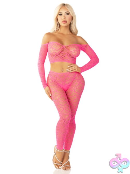 2 Piece Heart Net Off The Shoulder Crop Top And Footless Tights
