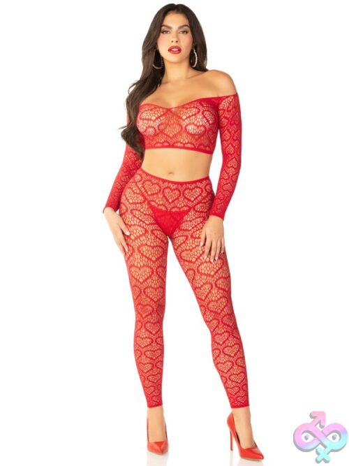 2 Piece Heart Net Off The Shoulder Crop Top And Footless Tights