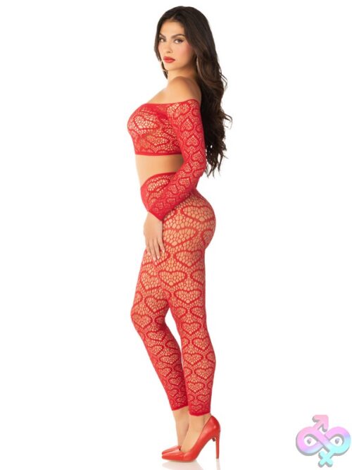 2 Piece Heart Net Off The Shoulder Crop Top And Footless Tights