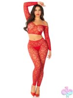 2 Piece Heart Net Off the Shoulder Crop Top and Footless Tights