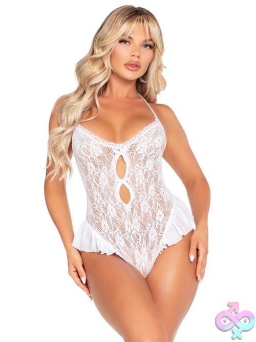 Floral Lace Halter Teddy Mini Bow Detail And Flutter Accent
