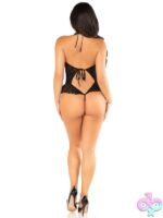 Floral Lace Halter Teddy Mini Bow Detail and Flutter Accent