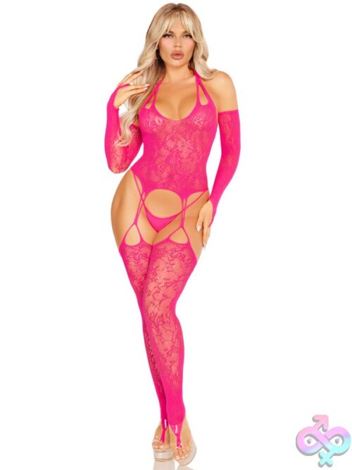 2 Piece Lace Halter Footless Cami Garter Attached Toe Loop Stockings And Arm Warmers