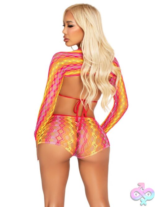 3 Piece Zig Zag Net Bikini Top Boyshorts And Shrug