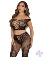 2 Piece Net and Lace Off the Shoulder Crop Top and Footless Tights