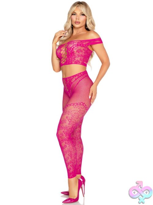 2 Piece Net And Lace Off The Shoulder Crop Top And Footless Tights
