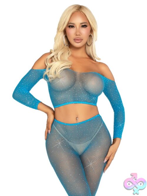 Rhinestone Fishnet Crop Top And Footless Tights