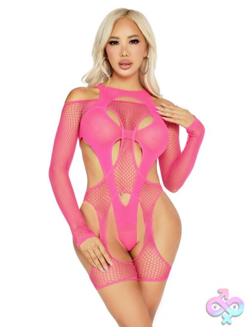 2 Piece Off The Shoulder Fishnet Garter Harness And Layered Opaque Cut Out Teddy