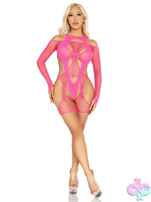 2 Piece Off The Shoulder Fishnet Garter Harness And Layered Opaque Cut Out Teddy