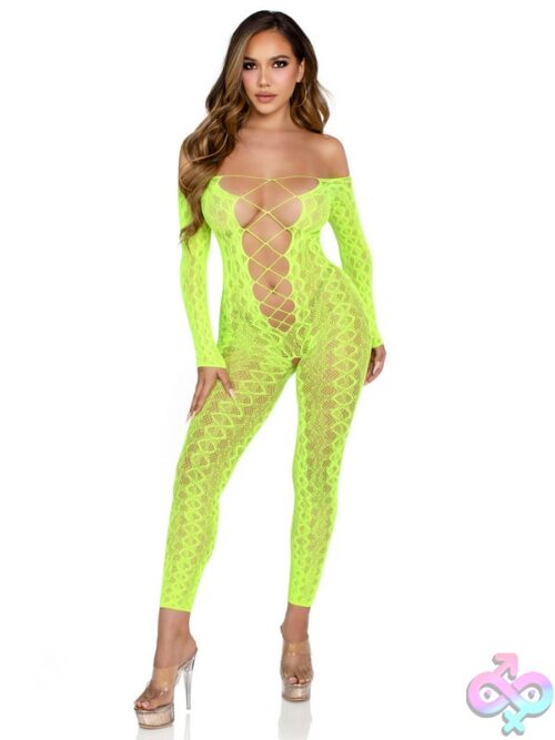 Python Net Crotchless Footless Lingerie Jumpsuit Faux Lace Up Detail