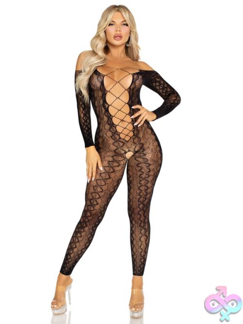 Python Net Crotchless Footless Lingerie Jumpsuit Faux Lace Up Detail