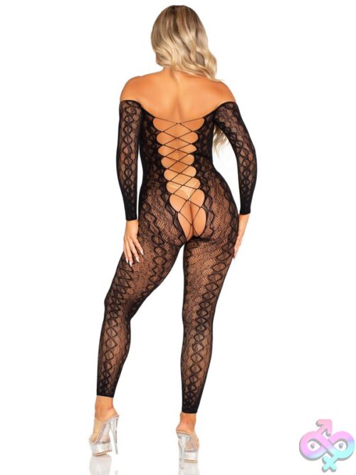 Python Net Crotchless Footless Lingerie Jumpsuit Faux Lace Up Detail