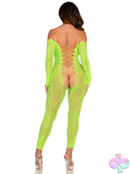 Python Net Crotchless Footless Lingerie Jumpsuit Faux Lace Up Detail