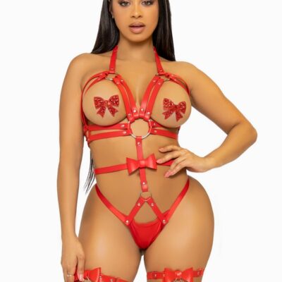 Off Panty Adjustable Straps and Bow Detail Convertible Vegan Leather Harness Teddy by Leg Avenue