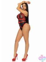 Convertible Vegan Leather O Ring Studded Harness Teddy Snap Off Panty Adjustable Straps and Bow Detail