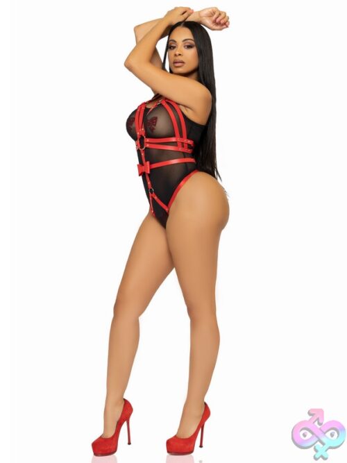 Convertible Vegan Leather O Ring Studded Harness Teddy Snap Off Panty Adjustable Straps And Bow Detail