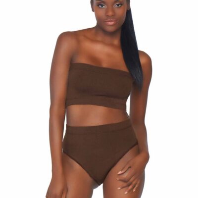 2 Piece Seamless Opaque Microfiber Ribbed Bandeau Top and High Waist Briefs