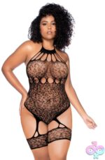 Leopard Halter Fishnet Bodysuit - Curve Os - Black