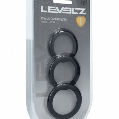 Three-piece classic black silicone cock ring set in Large XL and XXL by Shots Toys