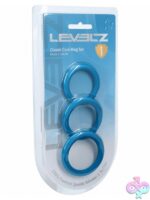 Levelz Classic three-piece teal silicone cock ring set in clamshell packaging by Shots Toys