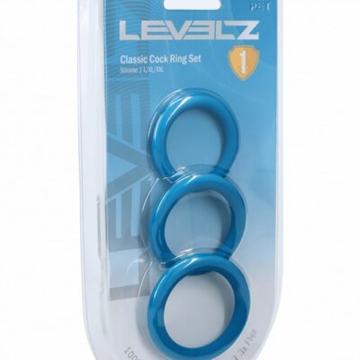 Levelz Classic three-piece teal silicone cock ring set in clamshell packaging by Shots Toys