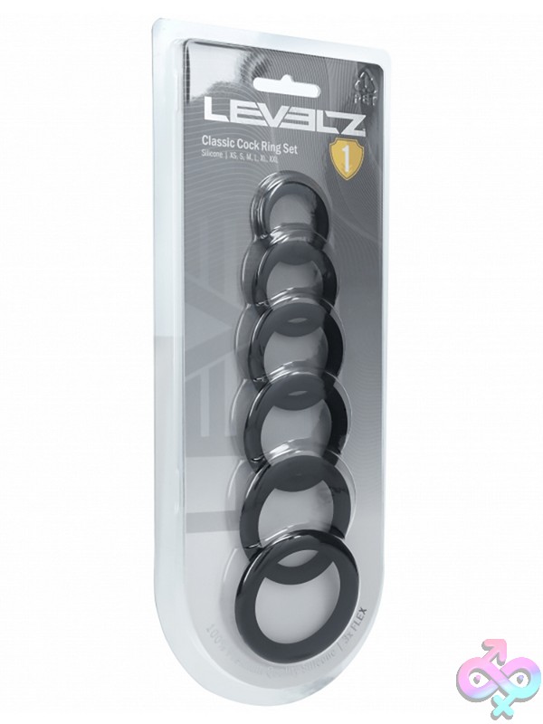 Discreet-Toys-Levelz-Classic-Silicone-Cock-Ring-Set-Of-6-Black-Nu-St-Lvl01-0008Blk Six-Piece Graduated Black Silicone Cock Ring Set By Shots Toys Displayed In Clamshell Packaging