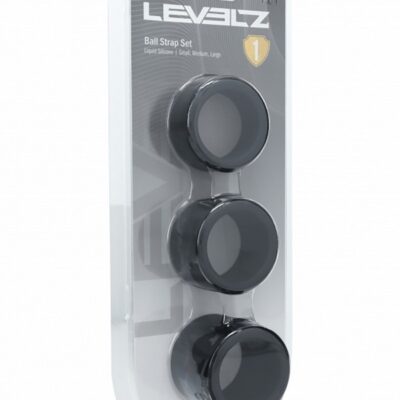 Levelz liquid silicone ball strap set in black by Shots Toys, shown in clamshell packaging