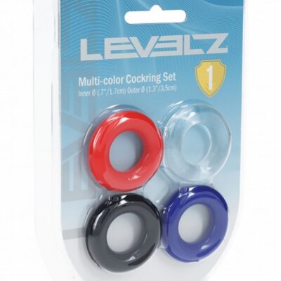 Four-piece multi-color stretchy TPE cock ring set by Shots Toys displayed in clamshell packaging