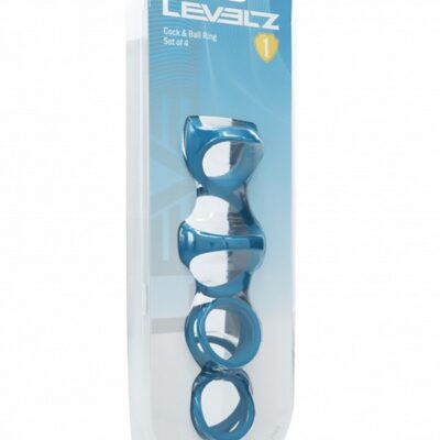 Set of four teal silicone cock and ball rings in varying shapes by Shots Toys