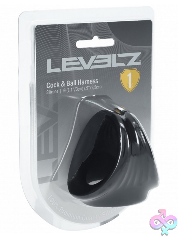 Discreet-Toys-Levelz-Silicone-Cock-Ball-Harness-Black-Nu-St-Lvl01-0038Blk Thick Black Silicone Cock And Ball Harness Ring By Shots Toys