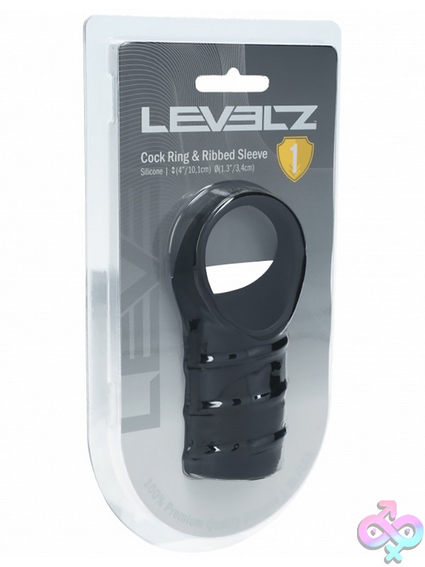 Discreet-Toys-Levelz-Silicone-Cock-Ring-Ribbed-Sleeve-Black-Nu-St-Lvl01-0045Blk Black Ribbed Silicone Cock Ring And Sleeve By Shots Toys