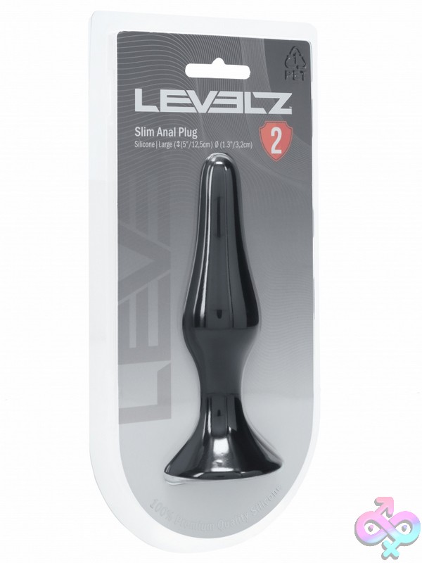 Discreet-Toys-Levelz-Slim-Silicone-Anal-Plug-Large-Black-Nu-St-Lvl02-0015Blk Levelz Slim Tapered Black Silicone Anal Plug With Flared Base By Shots Toys