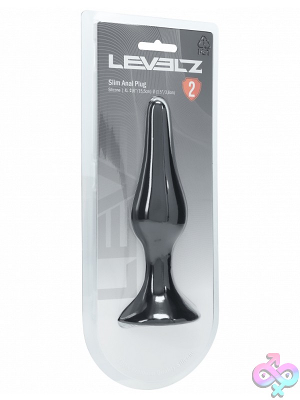 Discreet-Toys-Levelz-Slim-Silicone-Anal-Plug-Xlarge-Black-Nu-St-Lvl02-0016Blk Slim Tapered Black Silicone Anal Plug Xlarge With Flared Base By Shots Toys