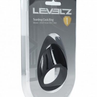 Teardrop-shaped black silicone cock ring by Shots Toys against a clean neutral background