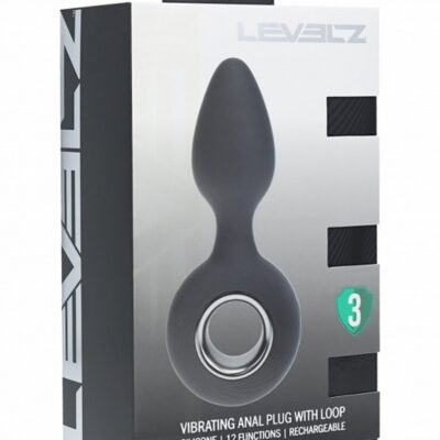 Rechargeable vibrating silicone anal plug with loop base in black by Shots Toys