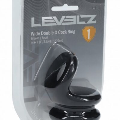 Wide double O dual-loop black silicone cock ring by Shots Toys shown against clean white background