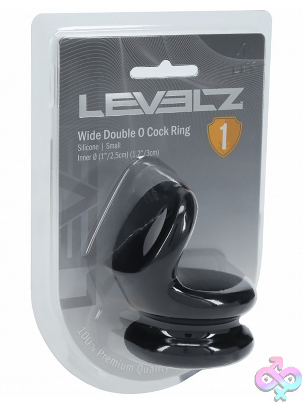 Discreet-Toys-Levelz-Wide-Double-O-Silicone-Cock-Ring-S-Black-Nu-St-Lvl01-0028Blk Wide Double O Dual-Loop Black Silicone Cock Ring By Shots Toys Shown Against Clean White Background
