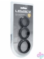Three-piece wide silicone cock ring set in black by Shots Toys, sizes 30mm 35mm and 42mm displayed in clamshell packaging