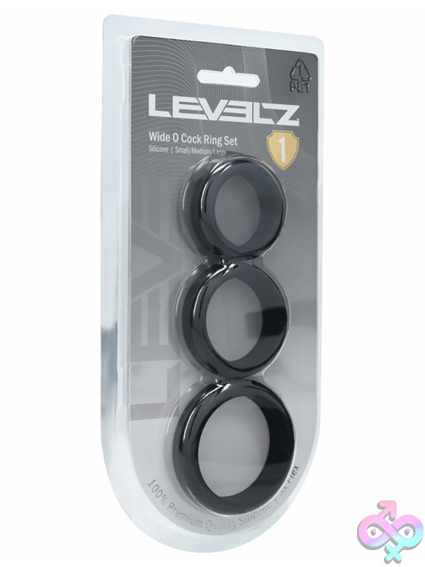 Discreet-Toys-Levelz-Wide-O-Silicone-Cock-Ring-Set-30Mm-35Mm-42Mm-Black-Nu-St-Lvl01-0014Blk Three-Piece Wide Silicone Cock Ring Set In Black By Shots Toys, Sizes 30Mm 35Mm And 42Mm Displayed In Clamshell Packaging